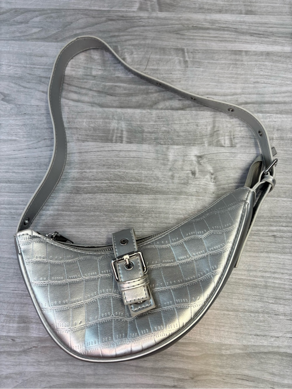 superdown Silver Croc-Embossed Crescent Shoulder Bag with Buckle